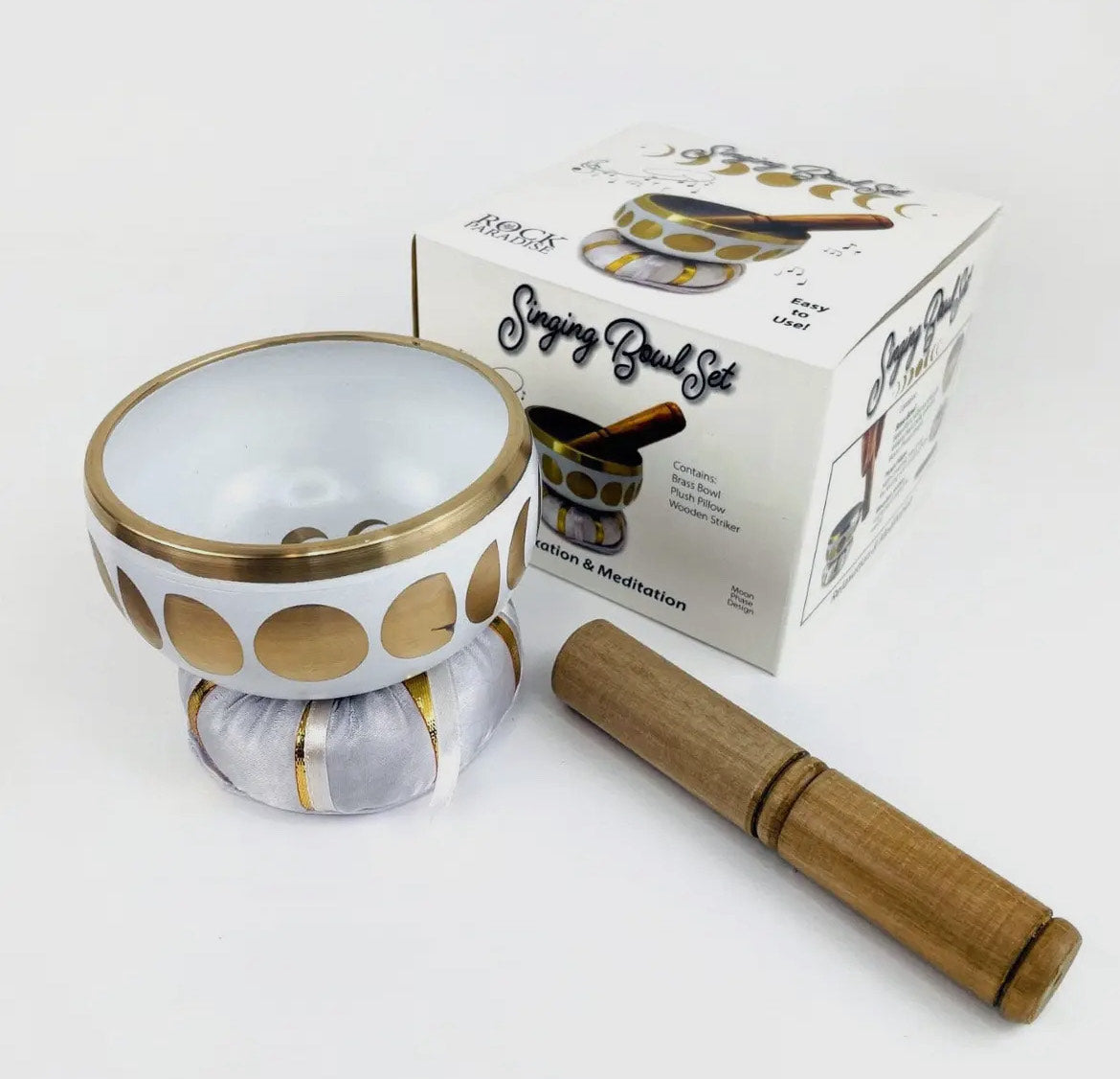 White Moon Phase Brass Singing Bowl Set