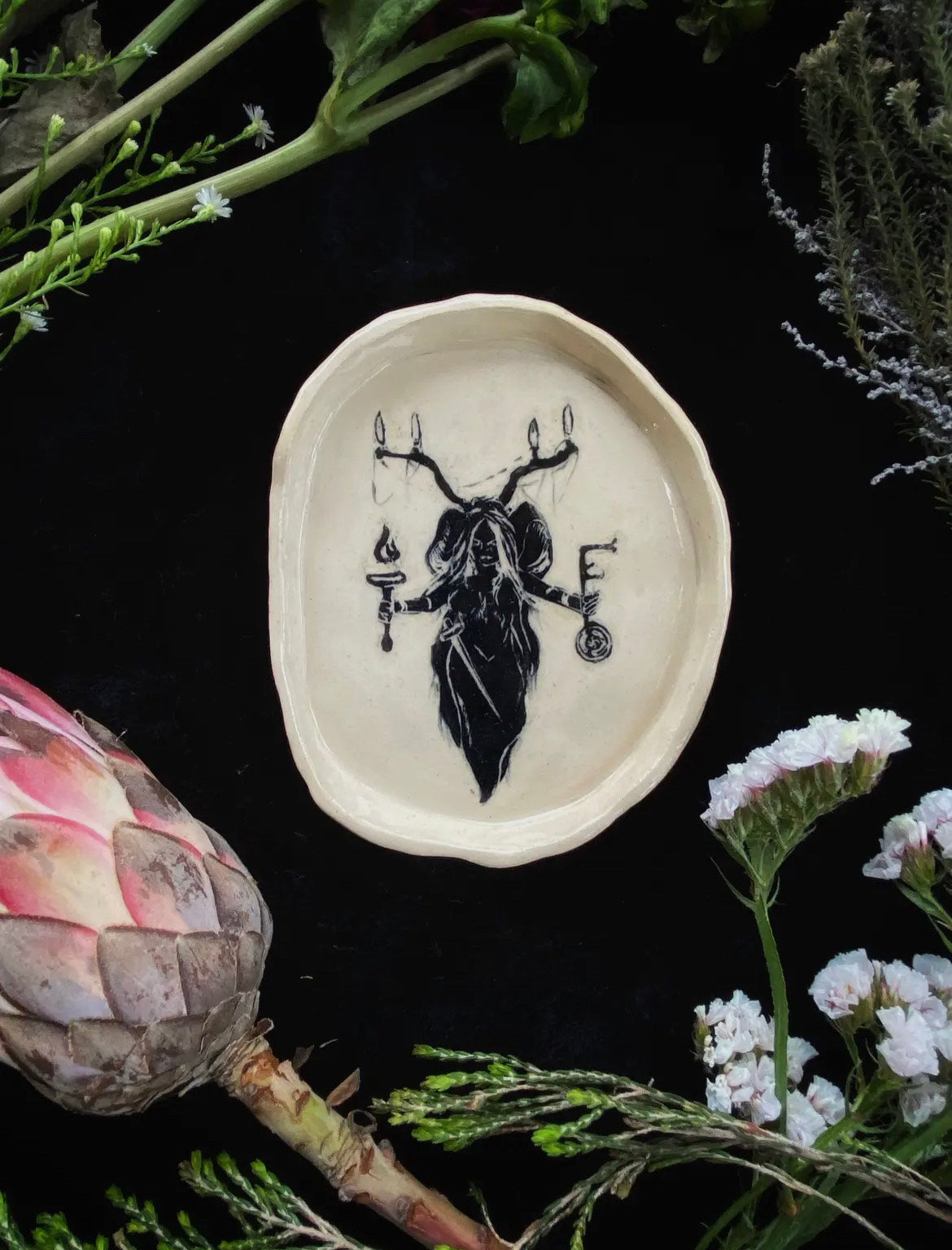 Black Sgraffito Hekate Ceramic Offering Plate