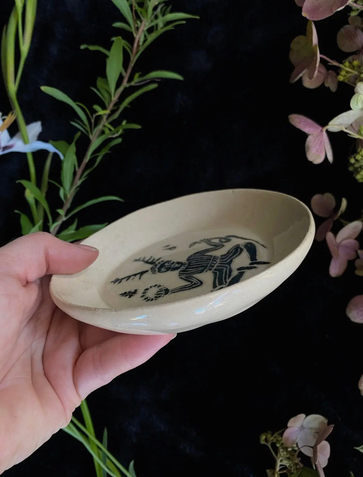 Green Sgraffito Cernnunos Ceramic Offering Plate