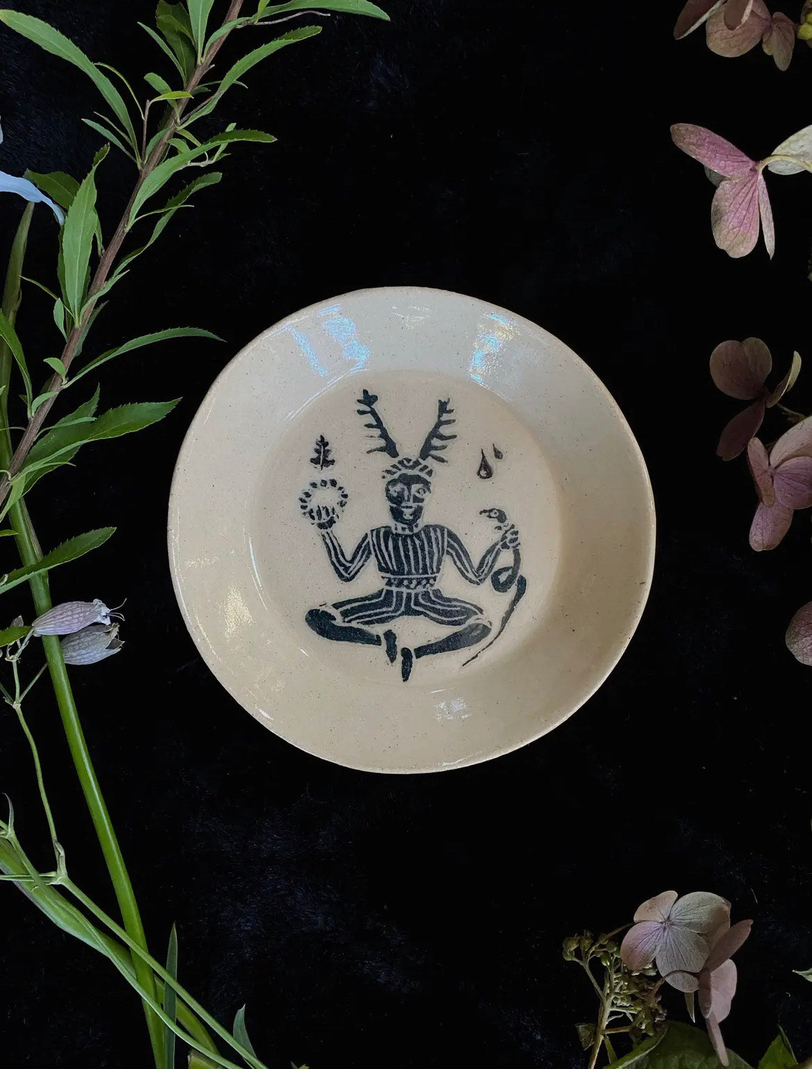 Green Sgraffito Cernnunos Ceramic Offering Plate