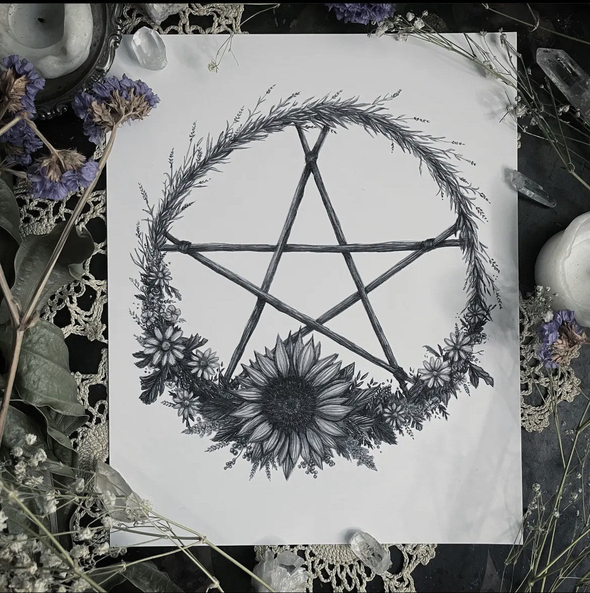 Lammas / Mabon Wreath Fine Art Print- Litha Pentacle