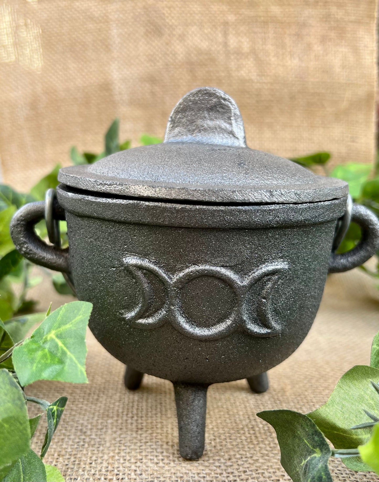 Triple Moon Black Medium Cast Iron Cauldron with Lid 4.5 inch