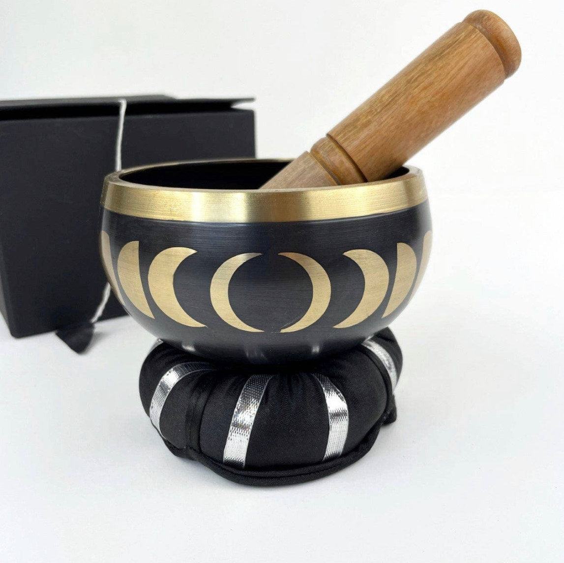 Black Moon Phase Brass Singing Bowl Set with Black Box